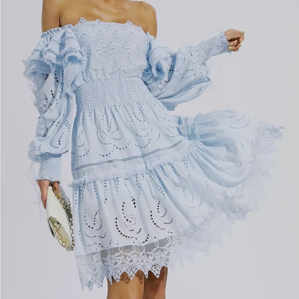 New | Catchall Blue Off-Shoulder Lace Mini Dress